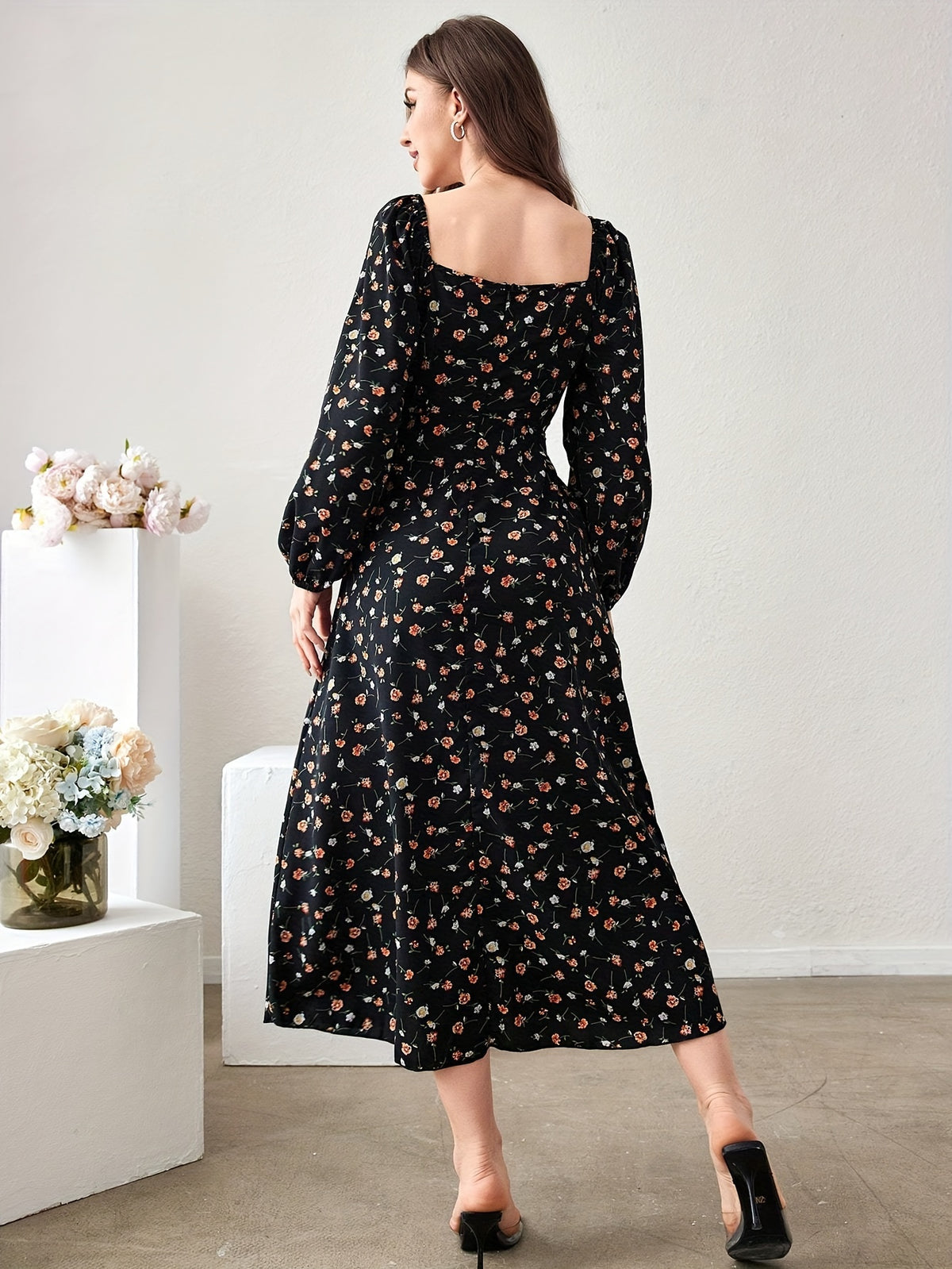 Vacation Style Floral Print Square Neck Lantern Sleeve Spring/Autumn Women'S Dress - Black