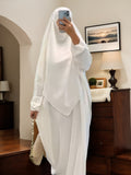 2pcs Khimar Abaya Set, Elastic Cuff Long Sleeve Full Coverage Modest Islamic Outfit, Prayer Ramadan Eid Daily Wear Jilbab Dress - White