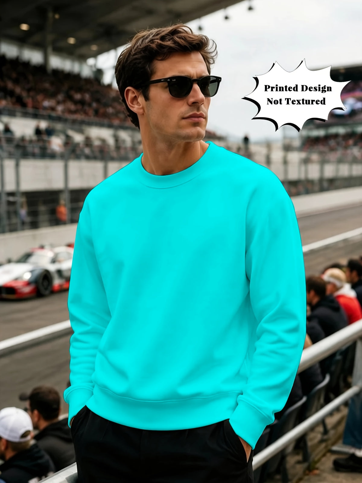 (Print Design - Not Textured) Men'S Round Neck Sweatshirt, Lake Blue Solid Color Casual Street Fashion Versatile Top, Autumn New Trendy Loose Pullover for Youth And Students, Random Print - Mixed colors