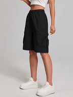Women'S American-Style Quick-Dry Cargo Pants with Large Pockets, High-Waisted, Casual Straight-Leg, Knee-Length Shorts with Elastic Waistband, Machine Washable - Black
