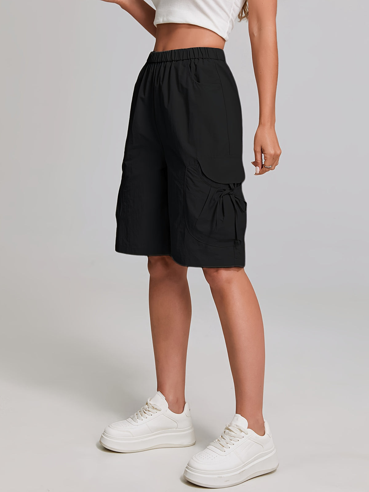 Women'S American-Style Quick-Dry Cargo Pants with Large Pockets, High-Waisted, Casual Straight-Leg, Knee-Length Shorts with Elastic Waistband, Machine Washable - Black