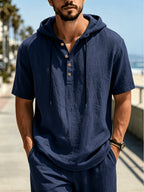 Men's 3pcs Hooded Henley Short-Sleeve Tops, Summer Lightweight Linen-Textured Half-Button Hoodie with Drawstring, Loose Fit Casual Solid Color Pullover - Navy Blue + White + Blue