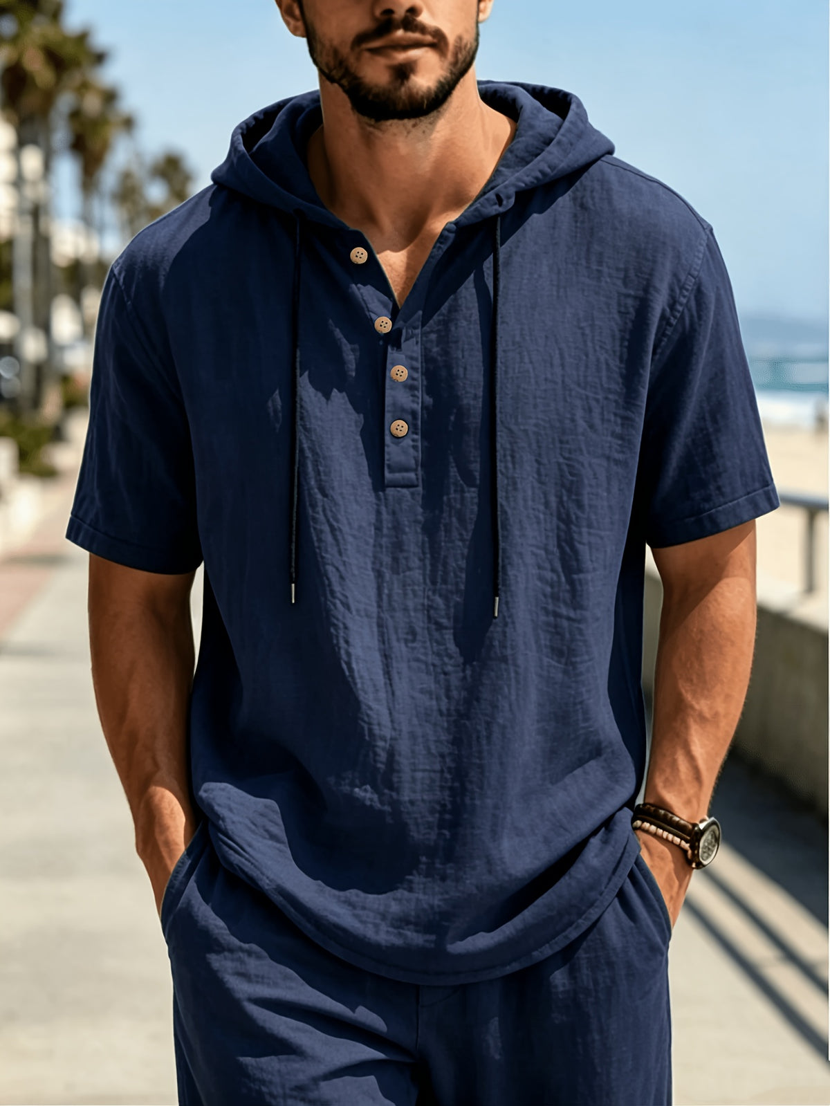 Men's 3pcs Hooded Henley Short-Sleeve Tops, Summer Lightweight Linen-Textured Half-Button Hoodie with Drawstring, Loose Fit Casual Solid Color Pullover - Navy Blue + White + Blue