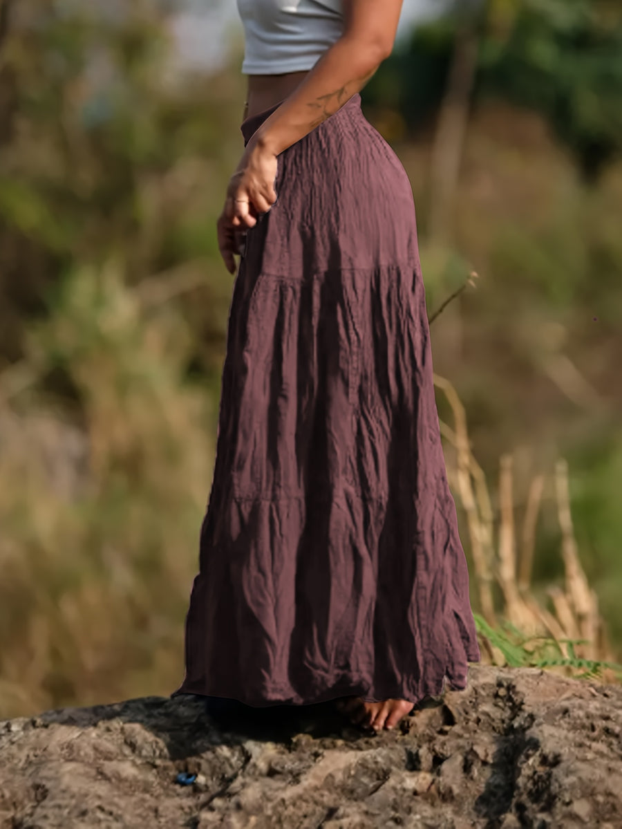 Women's Casual Western-Style Long Pleated Skirt with Drawstring Waist, Multi-Layer Texture for Vacation, Leisure, and Daily Wear - Fuchsia