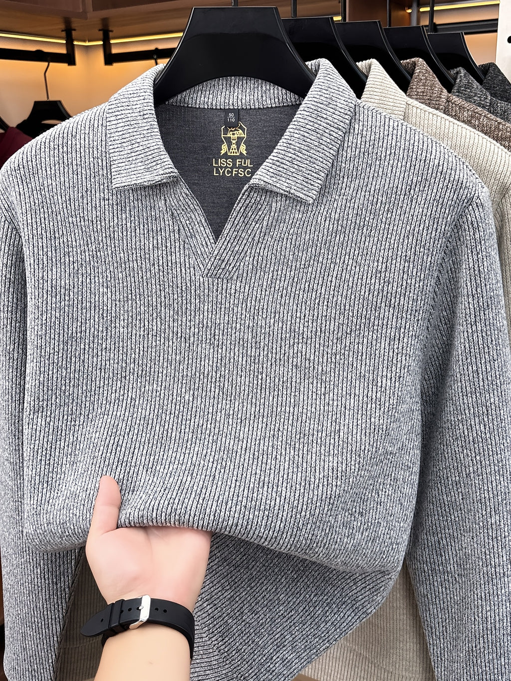 Autumn New Style Long Sleeve Polo Shirt Lapel No Button V-Neck Design Vertical Stripes Ribbed Knit Thick Long Sleeve Solid Color Basic Fit Outdoor Casual Commuter Men'S Clothing Quality Casual Top Business Office - Light Grey