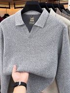 Autumn New Style Long Sleeve Polo Shirt Lapel No Button V-Neck Design Vertical Stripes Ribbed Knit Thick Long Sleeve Solid Color Basic Fit Outdoor Casual Commuter Men'S Clothing Quality Casual Top Business Office - Light Grey