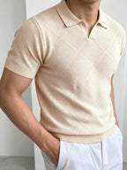 Men's Summer Vintage Rhombus Knit Polo Shirt, Vacation Casual Style Slim Fit Lapel Short Sleeve Sweater, Business Casual Commuter Knit Polo Shirt, a Satisfying Choice for Men - Light Pink Apricot