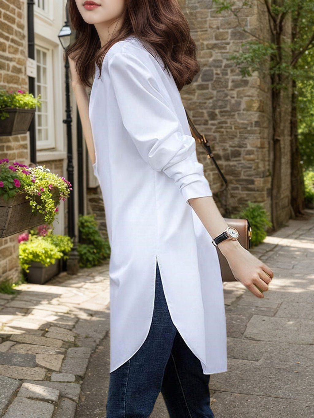 Women'S Elegant Retro Style Easy Stand-Up Collar Mid-Length Side-Slit Design Literary Full Daily Wear Shirt - White