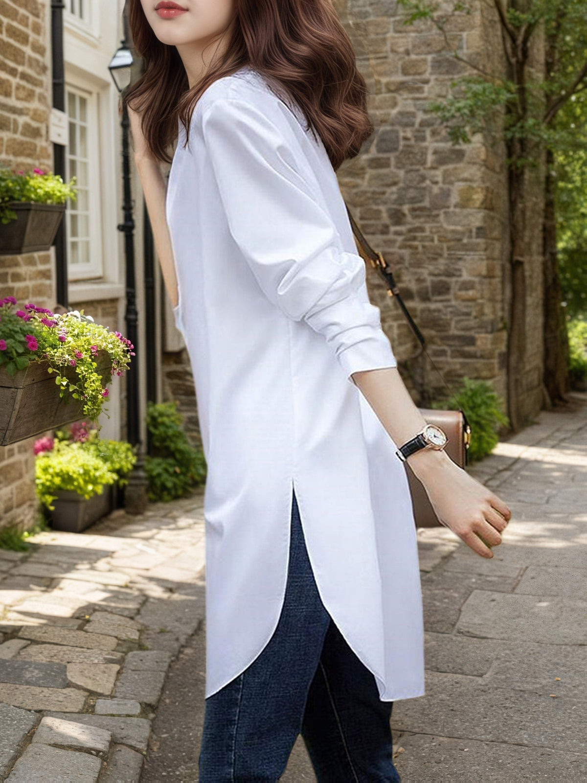 Women'S Elegant Retro Style Easy Stand-Up Collar Mid-Length Side-Slit Design Literary Full Daily Wear Shirt - White