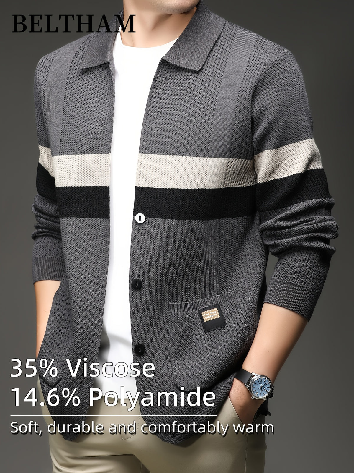 New Autumn Winter Men'S Striped Knit Cardigan, Ideal Gift for Dad And Husband, Lapel Collar Button Design, Soft Comfortable Knit Sweater, Minimal Elegant Versatile Top Cardigan Coat for Daily Outing Business Casual Camping Wear - Grey
