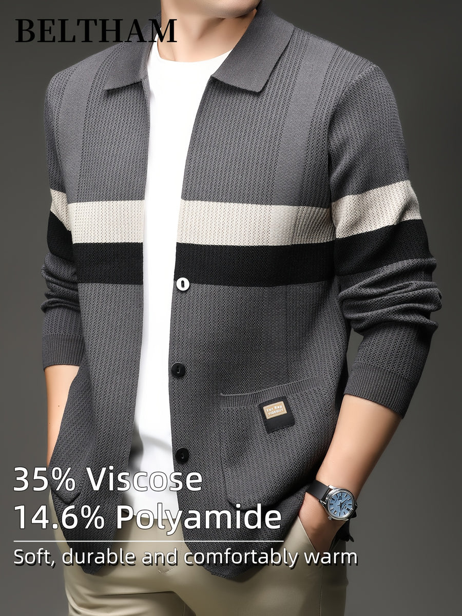 New Autumn Winter Men'S Striped Knit Cardigan, Ideal Gift for Dad And Husband, Lapel Collar Button Design, Soft Comfortable Knit Sweater, Minimal Elegant Versatile Top Cardigan Coat for Daily Outing Business Casual Camping Wear - Grey