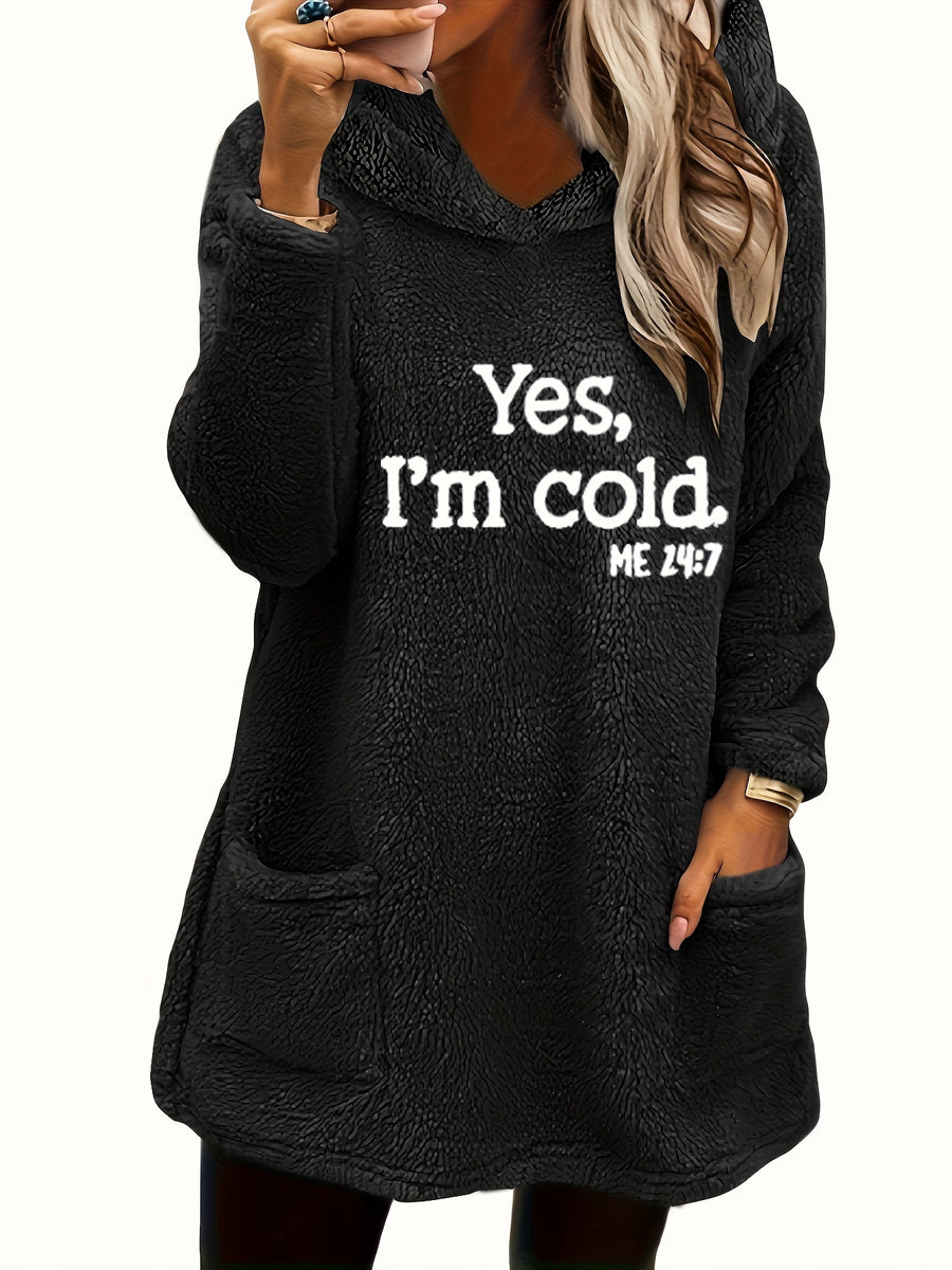 Women's "Yes I'm Cold" Printed Teddy Bear Hooded Sweatshirt - 100% Polyester Relaxed Fit Long Sleeve Pullover with Double Pockets, Cozy Fleece-Lined Casual Winter Top for Fall & Winter - Black