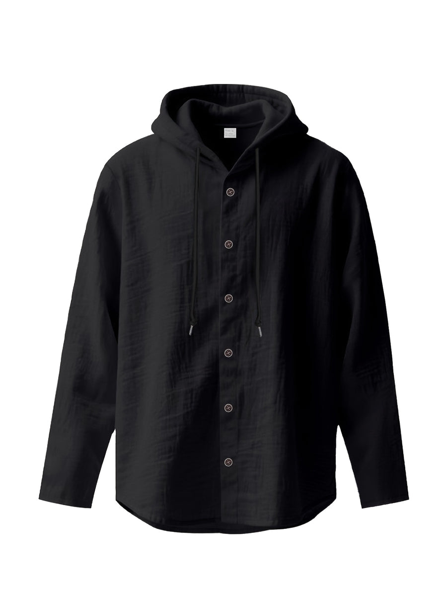 Men'S Solid Color Hooded Long Sleeve Shirt, Summer Breathable Casual Linen Top, Lightweight Loose Trendy Jacket - Black