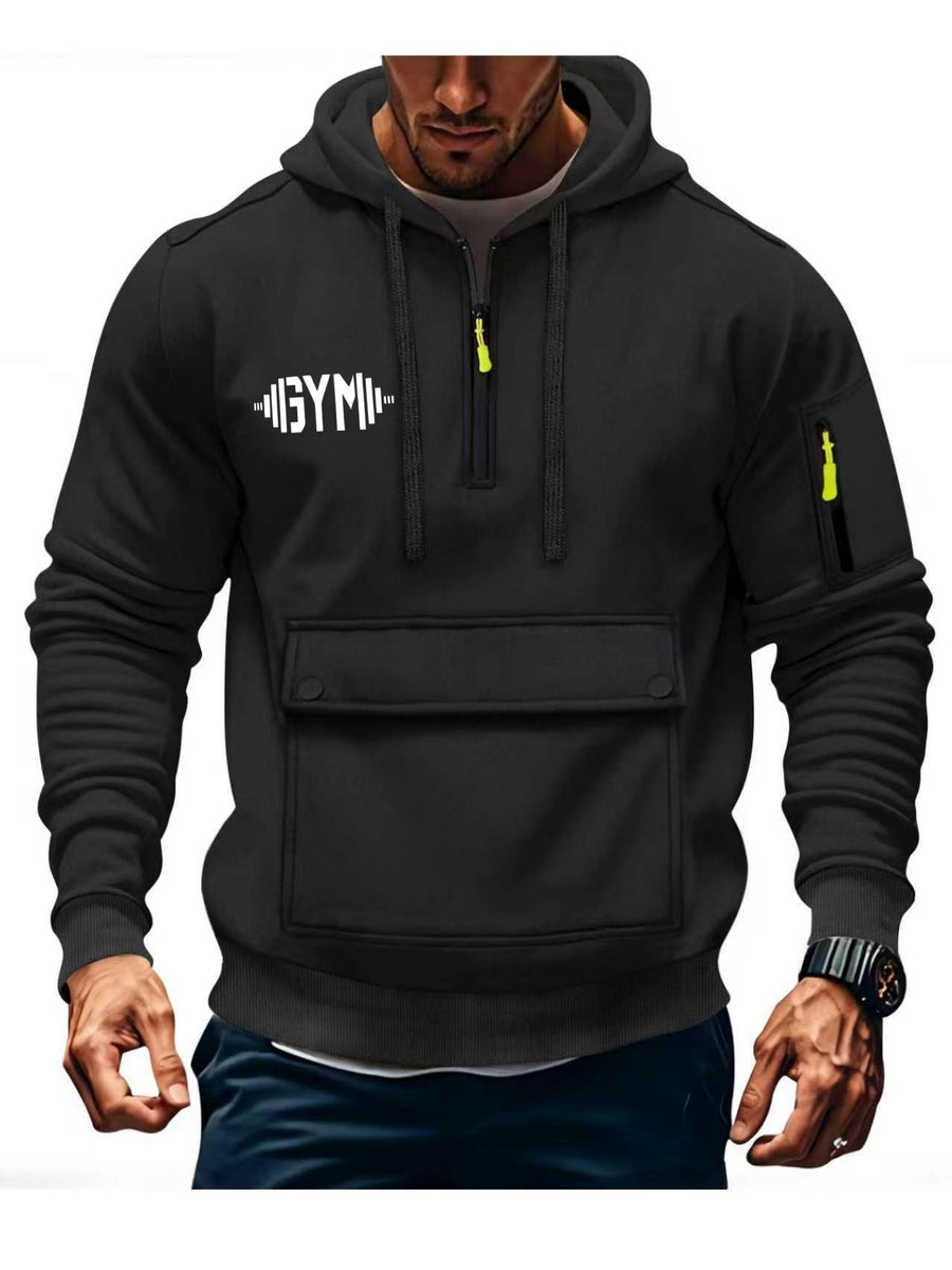 American-style Casual Men's Pullover Hoodie with Half-zipper Neckline, Utility-style Multi-pocket Design, "GYM" Fitness Letter Print, Simple, Stylish, and Versatile Long-sleeve Sweatshirt - Black