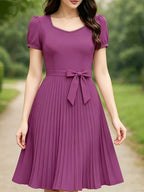 Elegant And Stylish Dress for Women with a Square Neckline, Drop Shoulder Sleeves, Solid Color, Featuring a Bow Design at The Waist, Easy to Wear And Remove, Machine Washable, Suitable for Outings And Dates, Perfect for Commuting Fashion - Purple