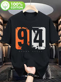 Men's Summer Casual Short Sleeve T-- 94 Graphic Print with Orange Grey Splatter Design, Breathable Round Neck Tee, Machine Washable Regular Fit for Casual Attire, Summer Wardrobe, Bold Print, Easy Care Clothing - Black