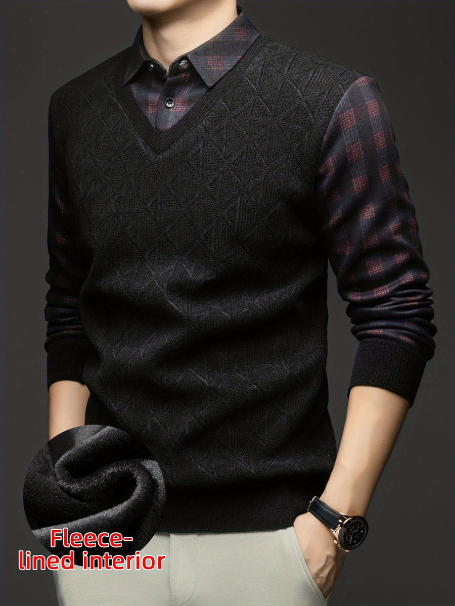 Men'S Fleece Fake Two-Piece Sweater, Plaid Lapel with Diamond Jacquard Design, Business Casual Warm Knit Top, Inner Thick Base Layer Shirt, Suitable for Men'S Commute And Casual Wear - Black