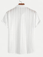 New Men's Solid Color Stretch Knit Openwork Plaid Jacquard Lapel Button- Casual Lightweight Shirt, Suitable for Daily Wear, Street Fashion, Summer, Autumn Menswear - White