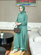 2026 New Loose, Casual And Fashionable, Commuting All-Purpose Long Two-Piece Set with Round Neck And Golden Button Pocket Design - 8075 Army Green