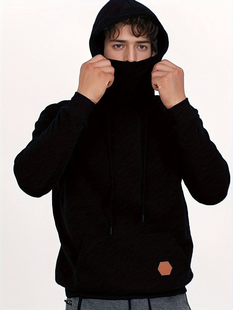 Sports And Fitness Casual Hoodie, European And American Style Autumn/Winter Men'S Hooded Long-Sleeve Fleece Hoodie Outdoor Casual Men'S Face Mask Hoodie Top - Black