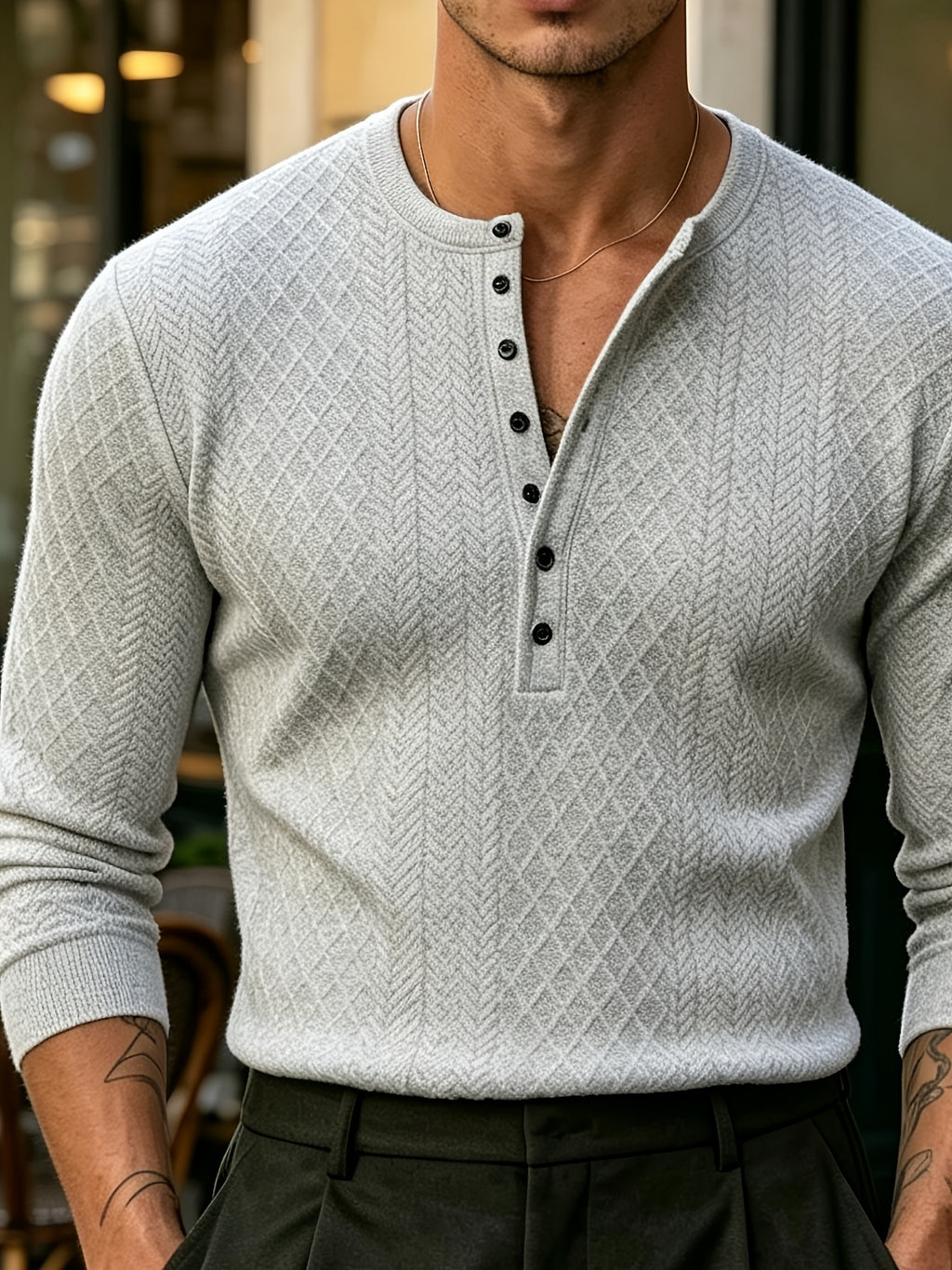 [Josh Mei OBM] Fall Winter Men'S Diamond Jacquard Henley Long Sleeve Sweater, Half-Button Placket Slim Fit Versatile Pullover Top, Suitable for Office, Street And Weekend Casual Wear Soft Knit Top, Multi-Color Options - Light Grey