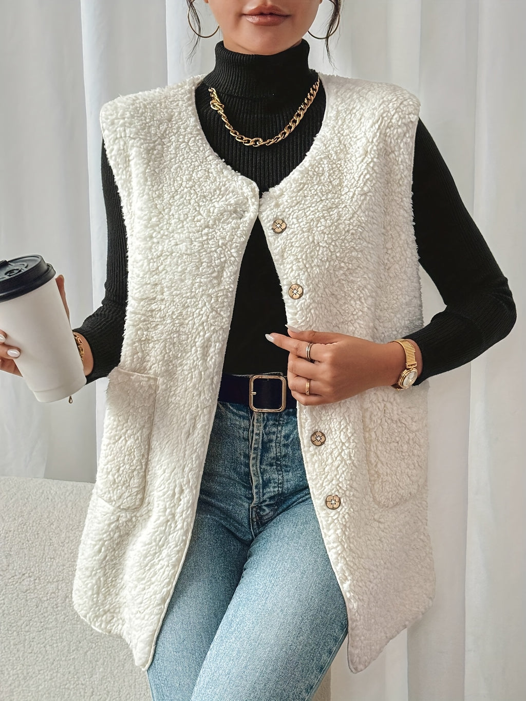 Women'S Double Pocket Button Front Plush Faux Vest Outerwear YY0611399 Light Northern Territory Orientation - Off-white