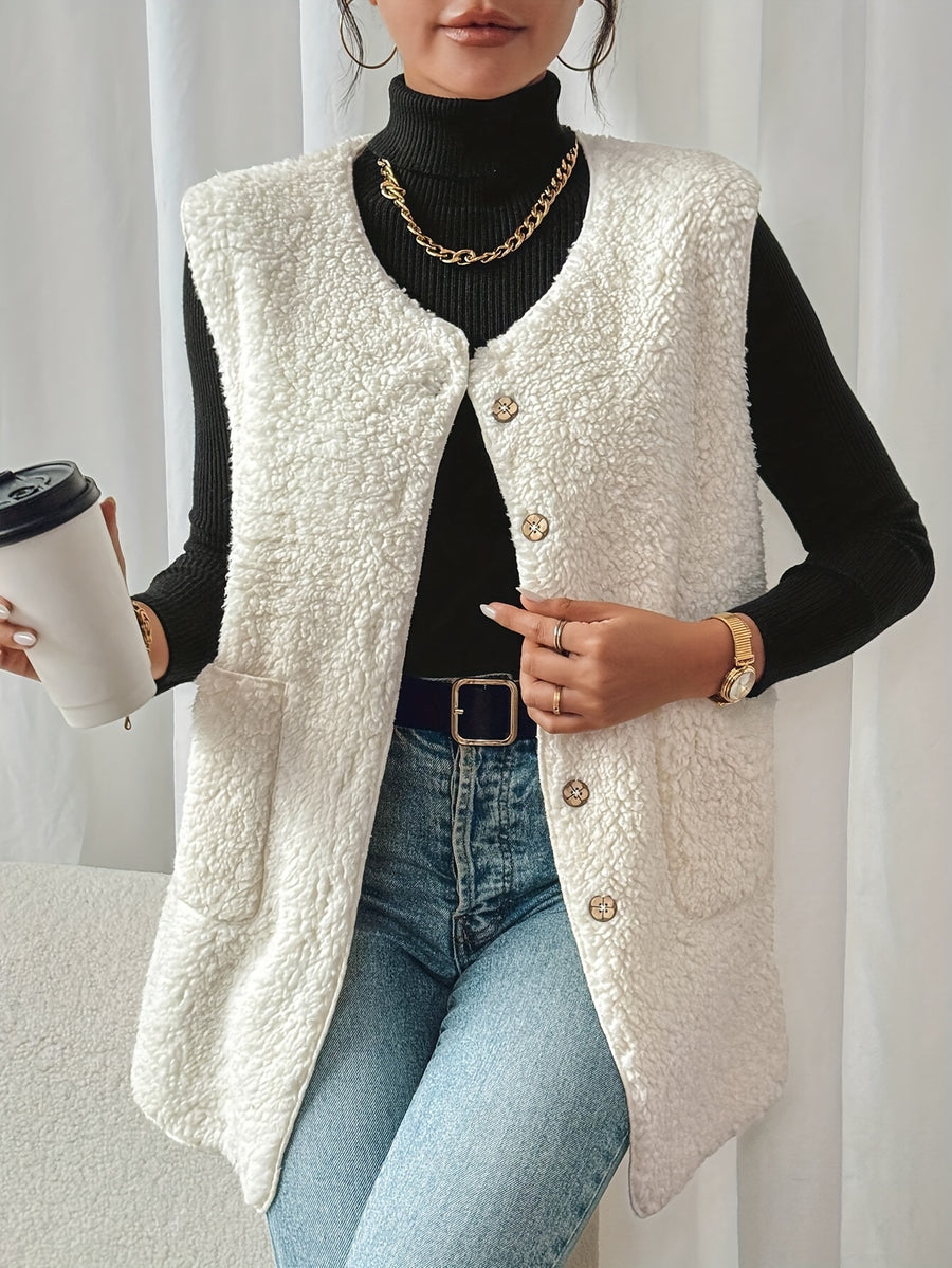 Women'S Double Pocket Button Front Plush Faux Vest Outerwear YY0611399 Light Northern Territory Orientation - Off-white