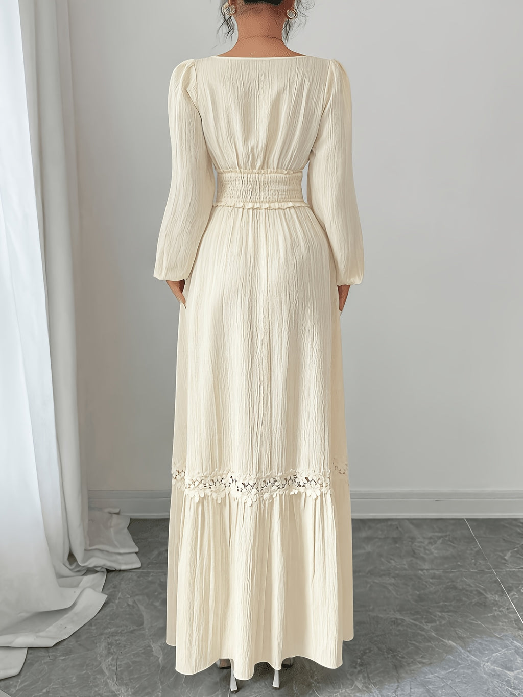 New Spring/autumn Cream Yellow French Ruffle Square Neckline Elegant Slim-fit Long-sleeved Dress, Women's Autumn - Apricot
