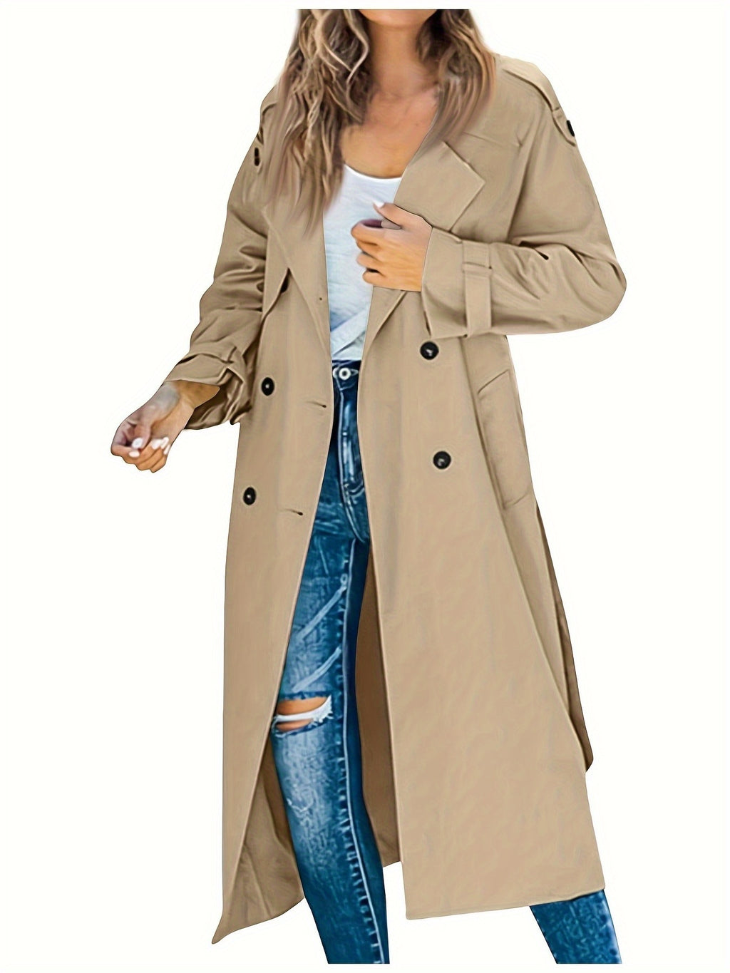 Women'S Autumn Winter Casual Temperament Solid Color Trench Coat Mid-Length Outerwear - Khaki