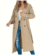 Women'S Autumn Winter Casual Temperament Solid Color Trench Coat Mid-Length Outerwear - Khaki