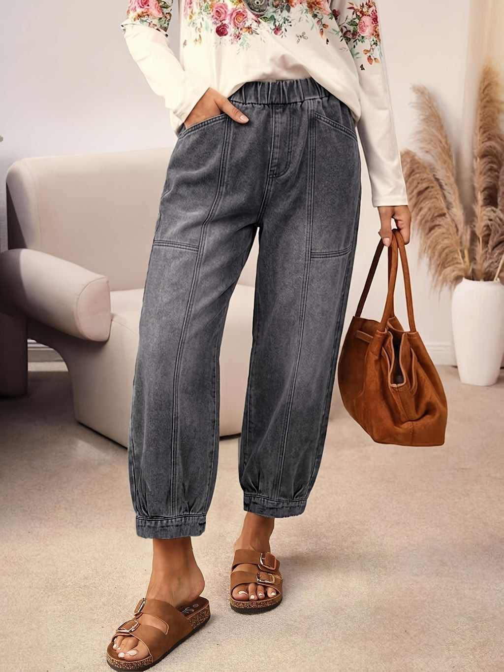 Spring/Summer Y2K Solid-Color Faux-Denim Trousers - Wide-Leg, Slim-Fit, Slanted-Pocket Design; Versatile "Scythe-Cut" Pants for Casual Attire - Dark Gray