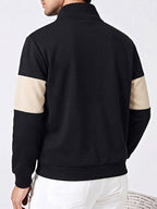 Retro American Stand-Collar Zipper Men'S Sweatshirt, Color-Block Letter Print, Thick Knit Fleece Fabric Soft And Skin-Friendly, Suitable for Daily Outings, Campus Wear, All-Season Wear, Casual Long-Sleeve Sweatshirt - Black Khaki