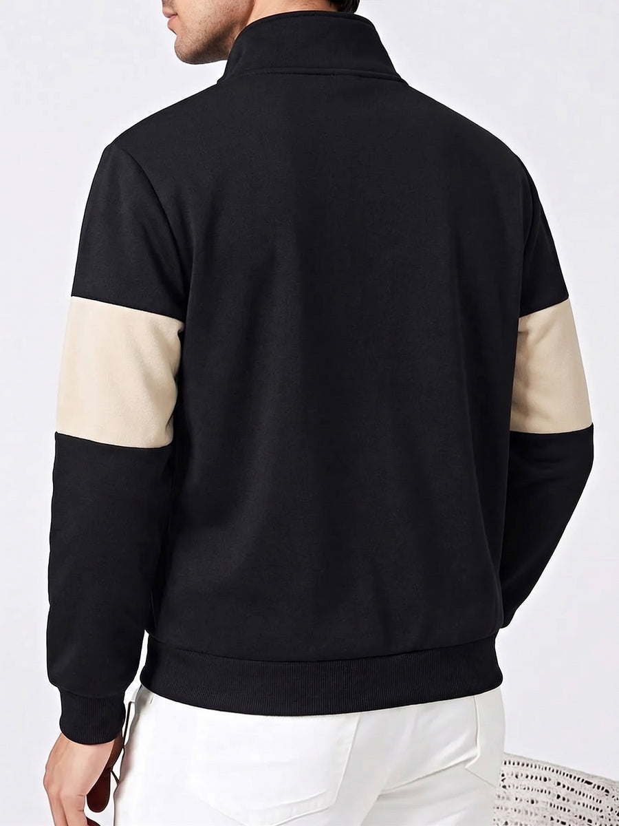 Retro American Stand-Collar Zipper Men'S Sweatshirt, Color-Block Letter Print, Thick Knit Fleece Fabric Soft And Skin-Friendly, Suitable for Daily Outings, Campus Wear, All-Season Wear, Casual Long-Sleeve Sweatshirt - Black Khaki
