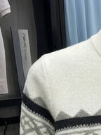 SENMEIGUO New Men's Semi High Neck Knitted Sweater with Fashionable Patterns for Autumn and Winter, Warm and Casual Base Top - White