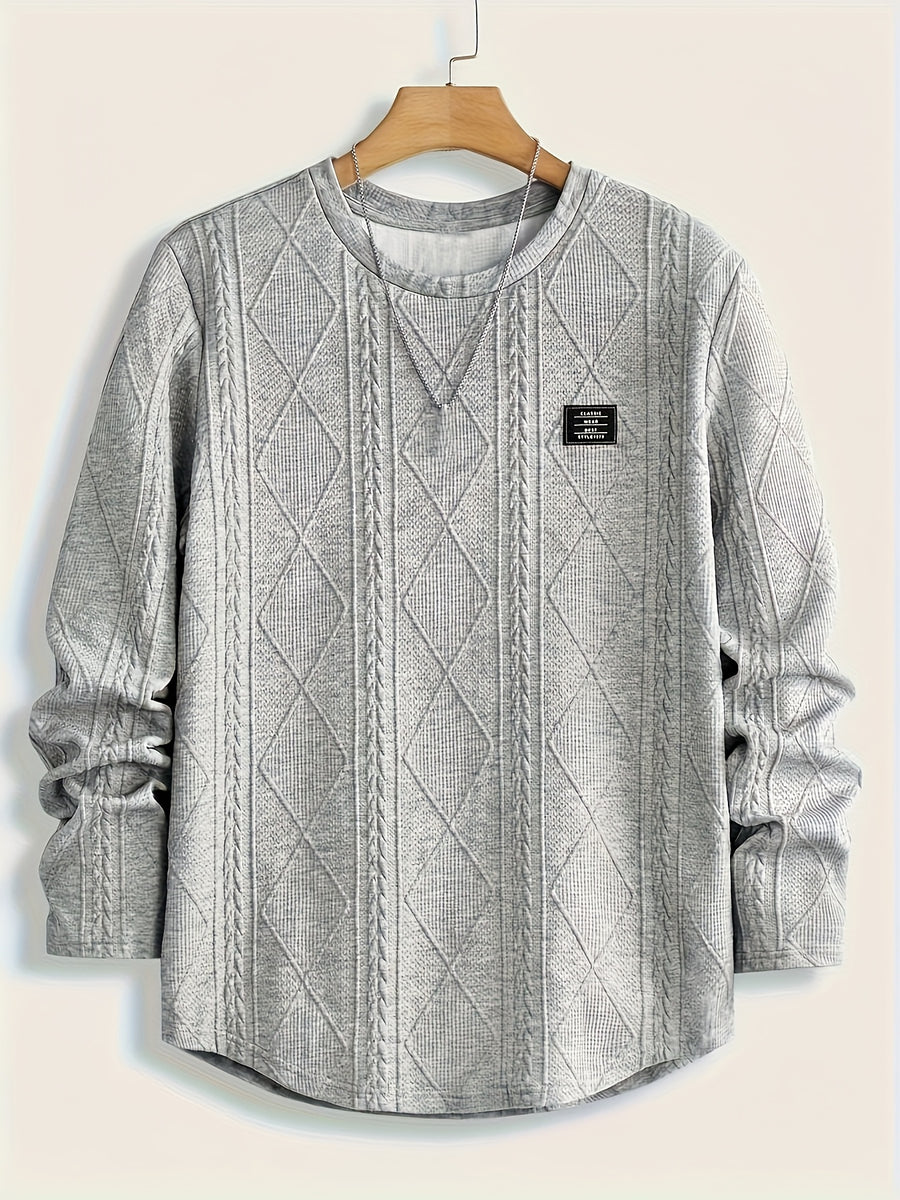 Men's Round Neck Casual Long Sleeve Top - Light Grey