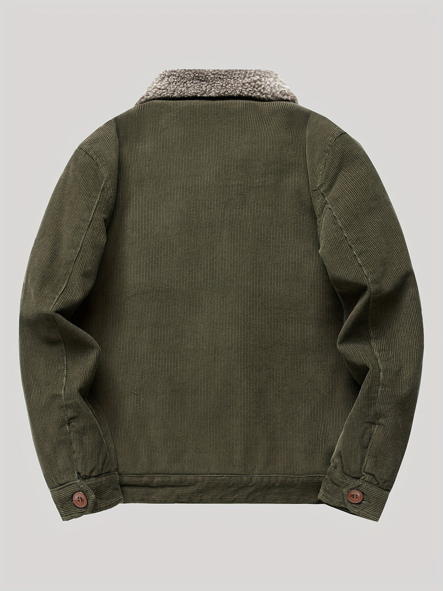 Men's Casual Outdoor Windproof Fleece-Lined Jacket with Button & Zipper Closure, Chest Pockets - Machine Washable Regular Fit Autumn Winter Coat for Hiking, Camping, Urban Adventures, Camping Gear - fern green