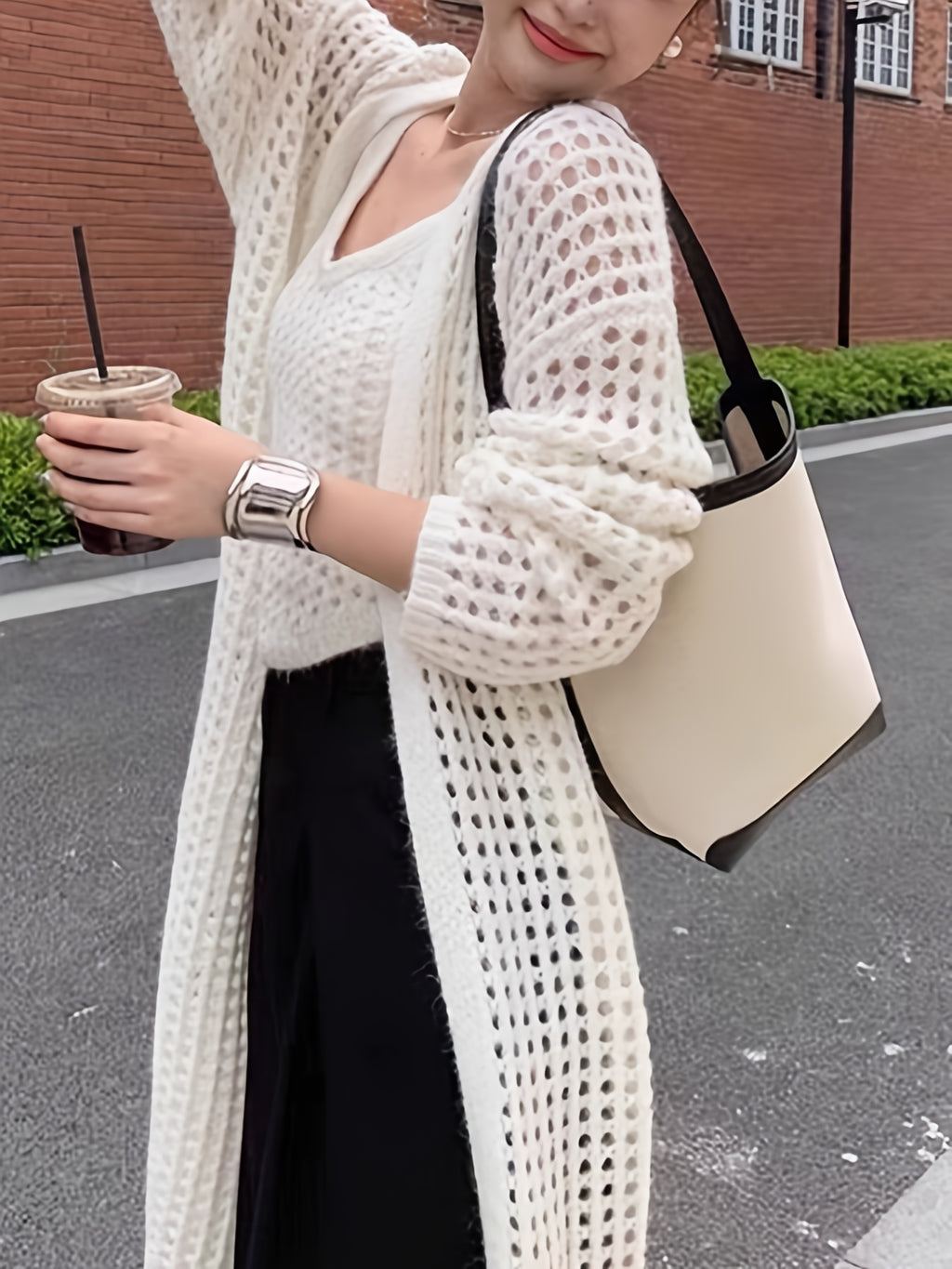 2026 Spring/Summer New Arrival Hollow-Out Long Cardigan Top for Women - Ivory White