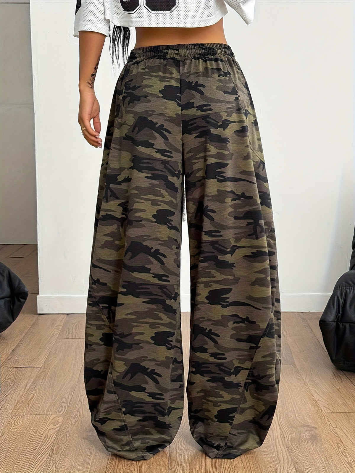 Women's Y2K Fashion Camouflage Print Elastic Waist Drawstring Loose Fit Pants, Casual Versatile Wide-Leg Y Trousers for Dating and Commuting - Mixed colors