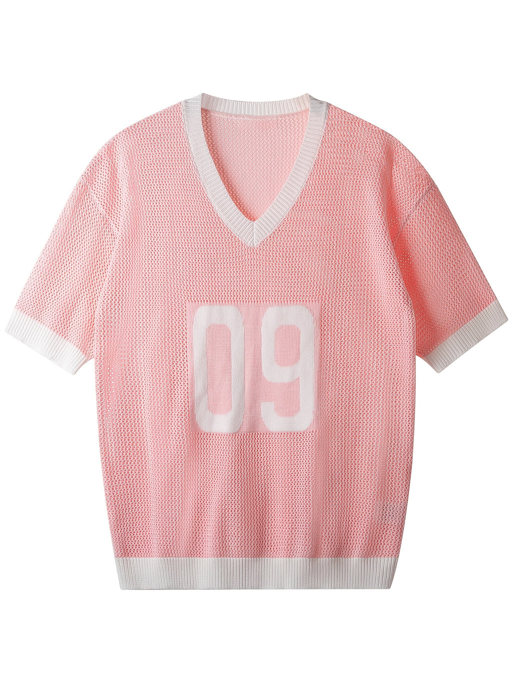 Spring Summer New Men'S Short Sleeve Hollow Loose Knit Pullover Top V-Neck Pullover Casual Outdoor Top - Pink Color