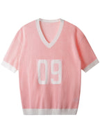 Spring Summer New Men'S Short Sleeve Hollow Loose Knit Pullover Top V-Neck Pullover Casual Outdoor Top - Pink Color