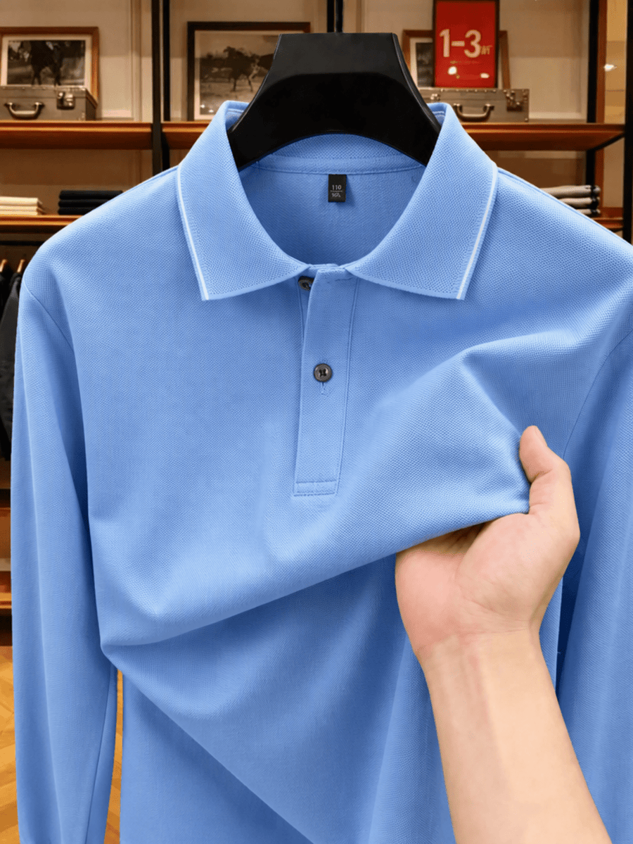 Men'S Clothing Golf Fishing Tennis Sports Solid Color Top Spring Fall Soft Skin Friendly Long Sleeve Polo Shirt Long Sleeve T Shirt New Autumn Business Casual Turn Collar Loose Versatile Pullover Top for Middle-Aged Men - Light Blue
