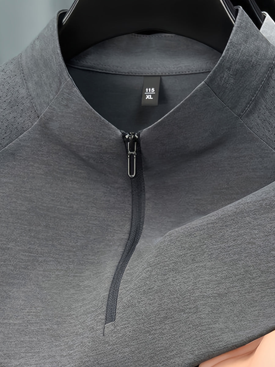 Men'S Summer Top T-Shirt, Half-Zipper Stand-Up Collar Design, Casual And Light Business Style, Adjustable Collar with Zipper, Balancing Ventilation And Styling; Mesh Shoulder Panel for Enhanced Breathability - Advanced Gray