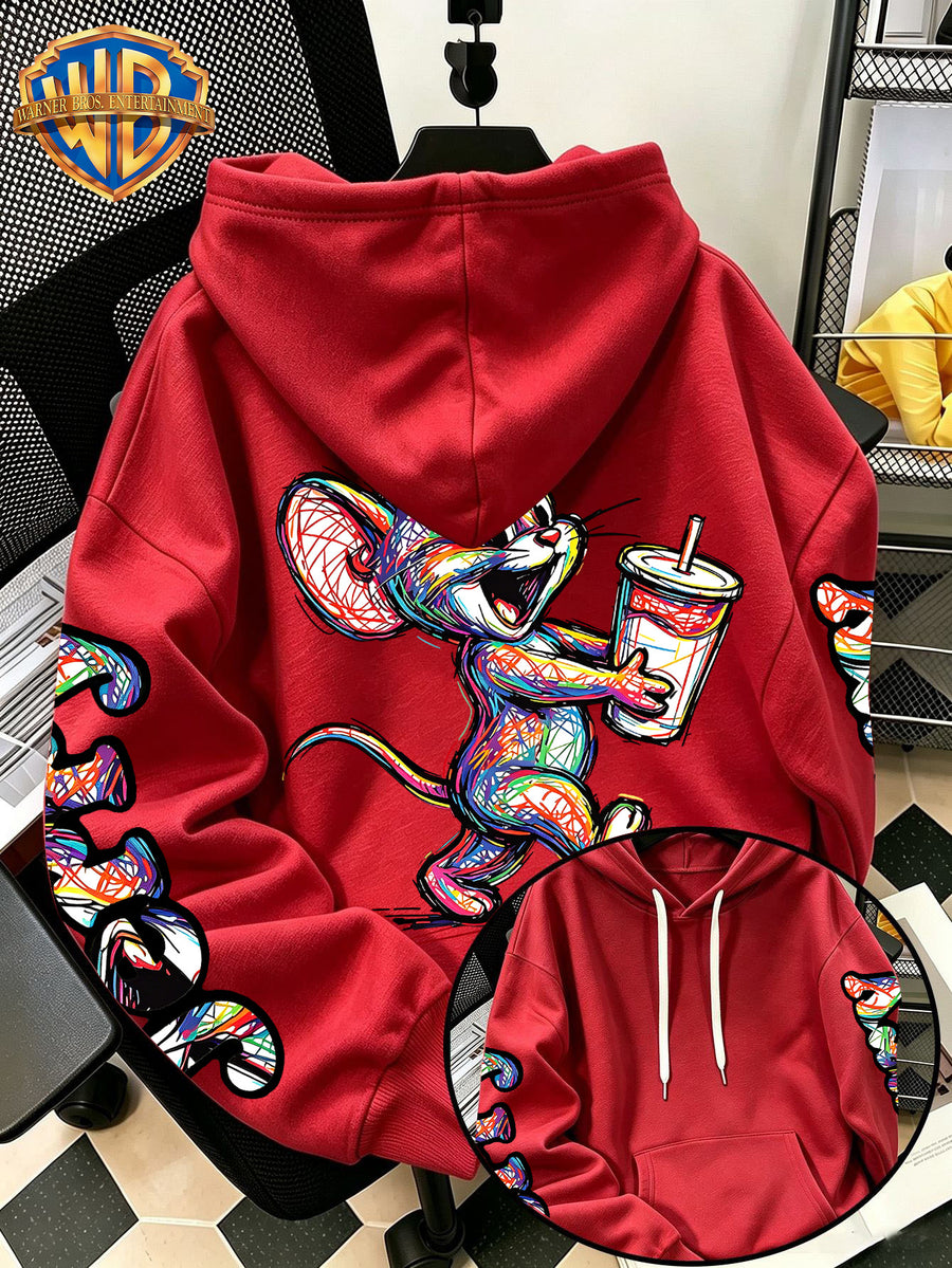 [Officially Licensed by Warner Bros] 1pc, American Colorful Line Cartoon Holding Drink Portrait Creative Casual Hoodie - Men'S Fashion Sweatshirt, Adjustable Drawstring Loose Comfortable Sweater, Suitable for Daily And Outdoor Wear - Red