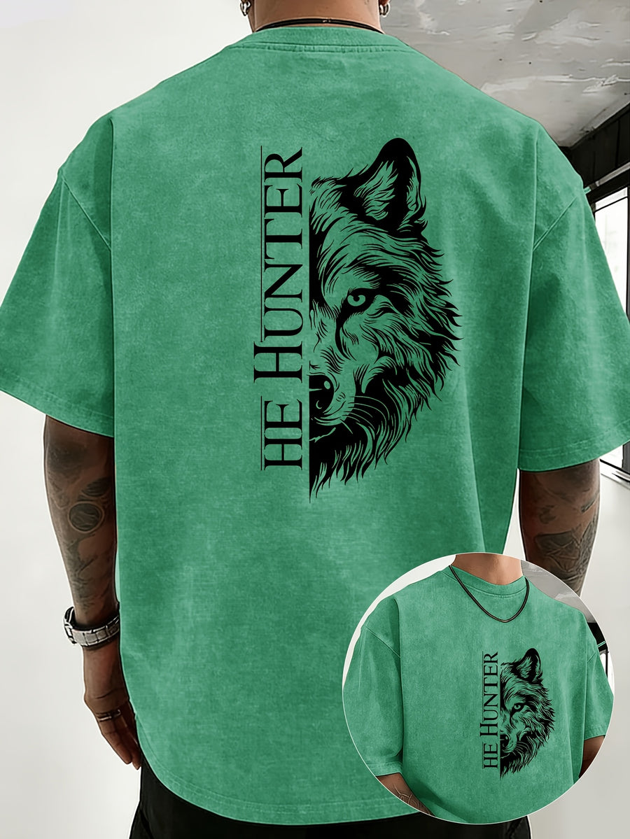 Vintage Washed Loose Double-Faced Print T-Shirt with Letter Pattern, Unisex Classic Basic Style, Soft And Durable Short Sleeve, Suitable for Students And Office Workers - Emerald Green