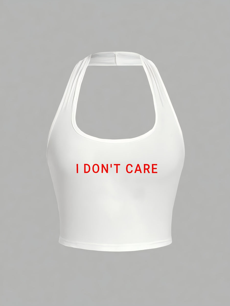 Casual Slim Slogan Print Short Tank Top for Summer Holidays I DON'T CARE - White