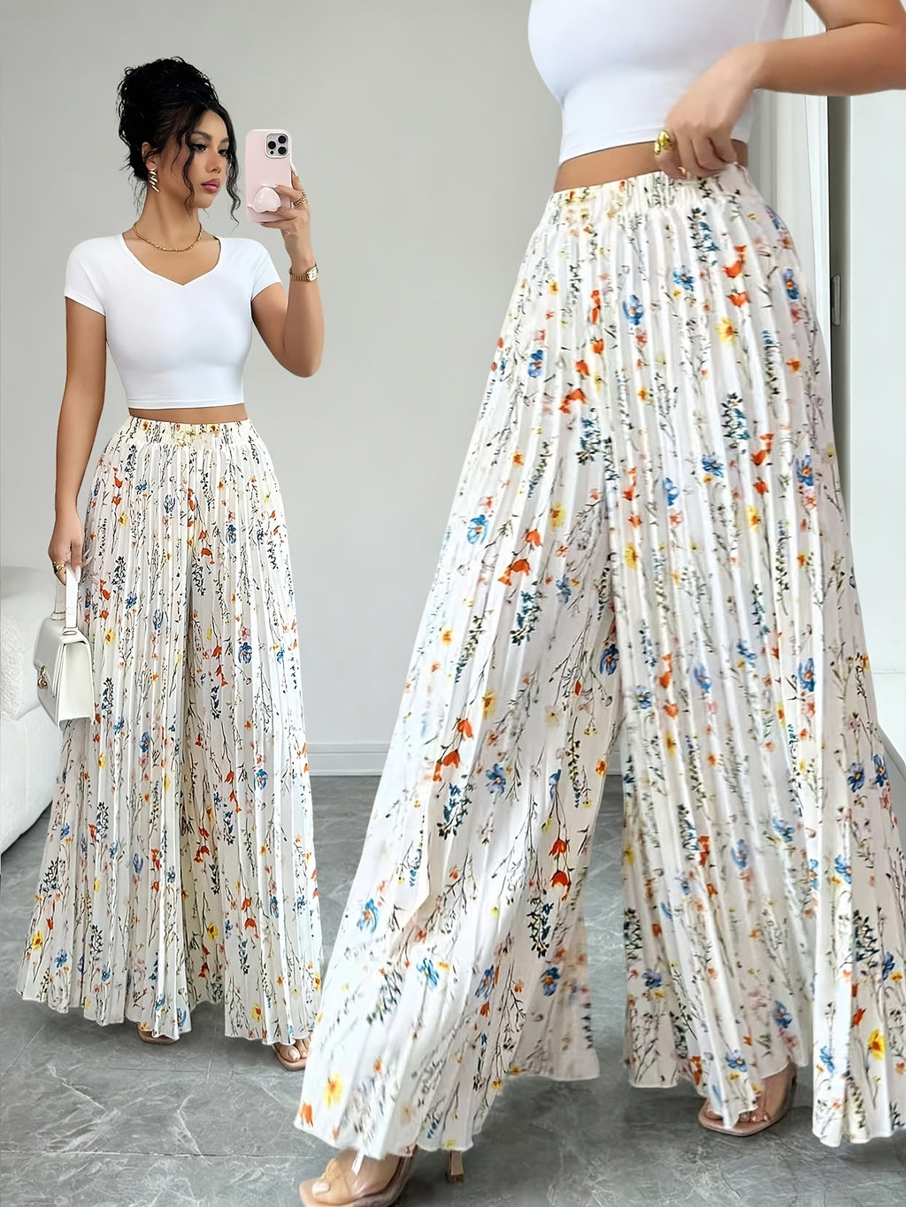 Boho Floral Pleated Wide Leg Pants | Women'S High-Waisted Casual Summer Flowy Palazzo Trousers - White