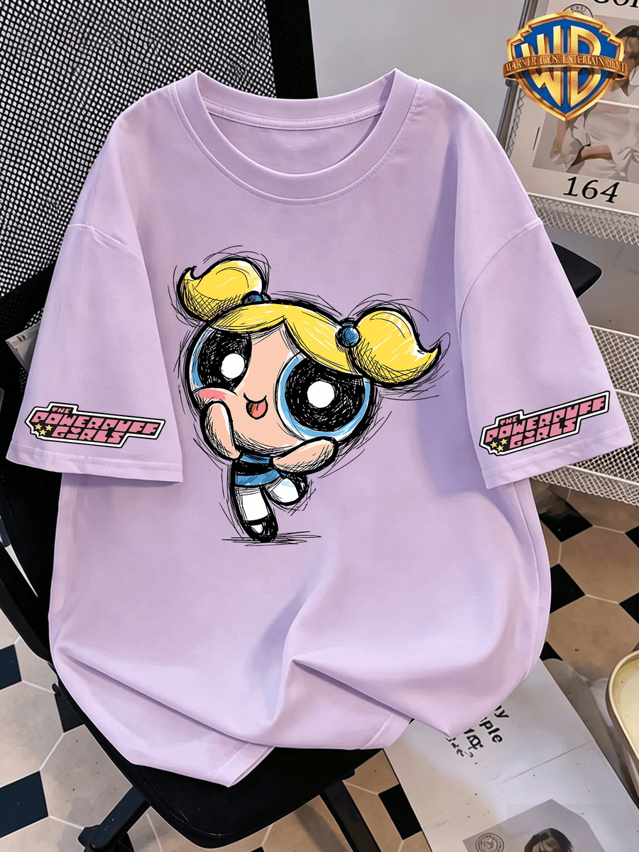 Authorized by Warner, Powerpuff Bubble Sketch Graffiti Q Graphic Printed Women'S T-Shirt, Women'S Fashion Short Sleeve T-Shirt, Daily Leisure And Travel Short Sleeve T-Shirt, Women'S Clothing, The Most Appropriate Gift Choice - Purple