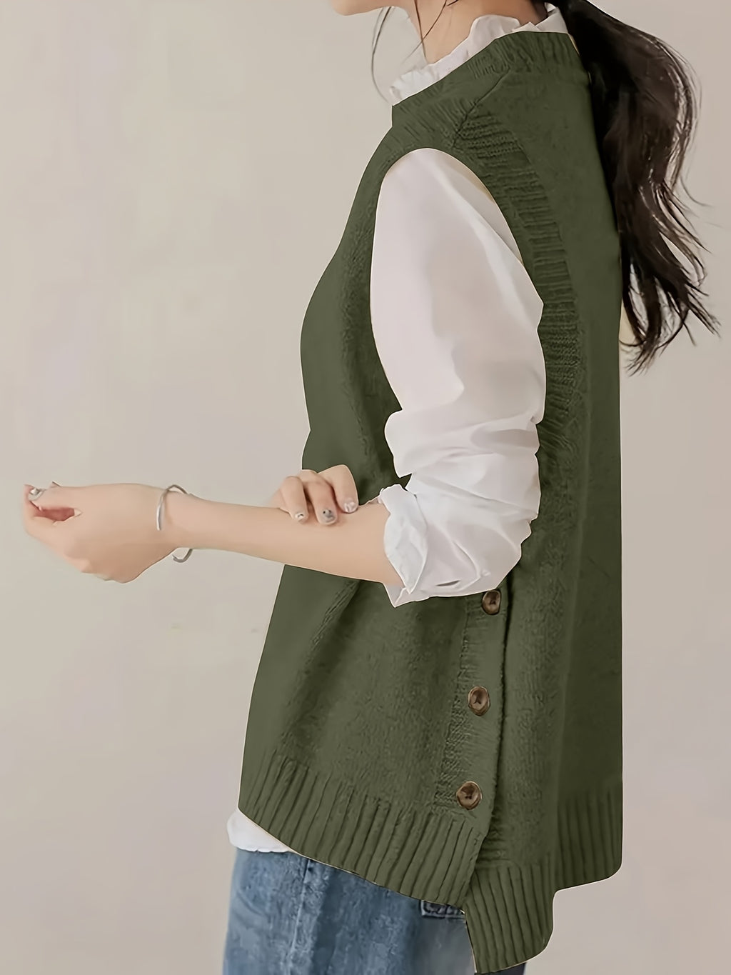 Round Neck Short Front And Long Back Button Sweater - Olive Green