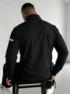 Men'S Spring/Autumn Stand-Up Collar Casual Jacket, Off-Road Riding Pattern Print, Zip-Up Lightweight Outerwear, Side Contrast Stand-Up Collar Sports Commute Top - Black