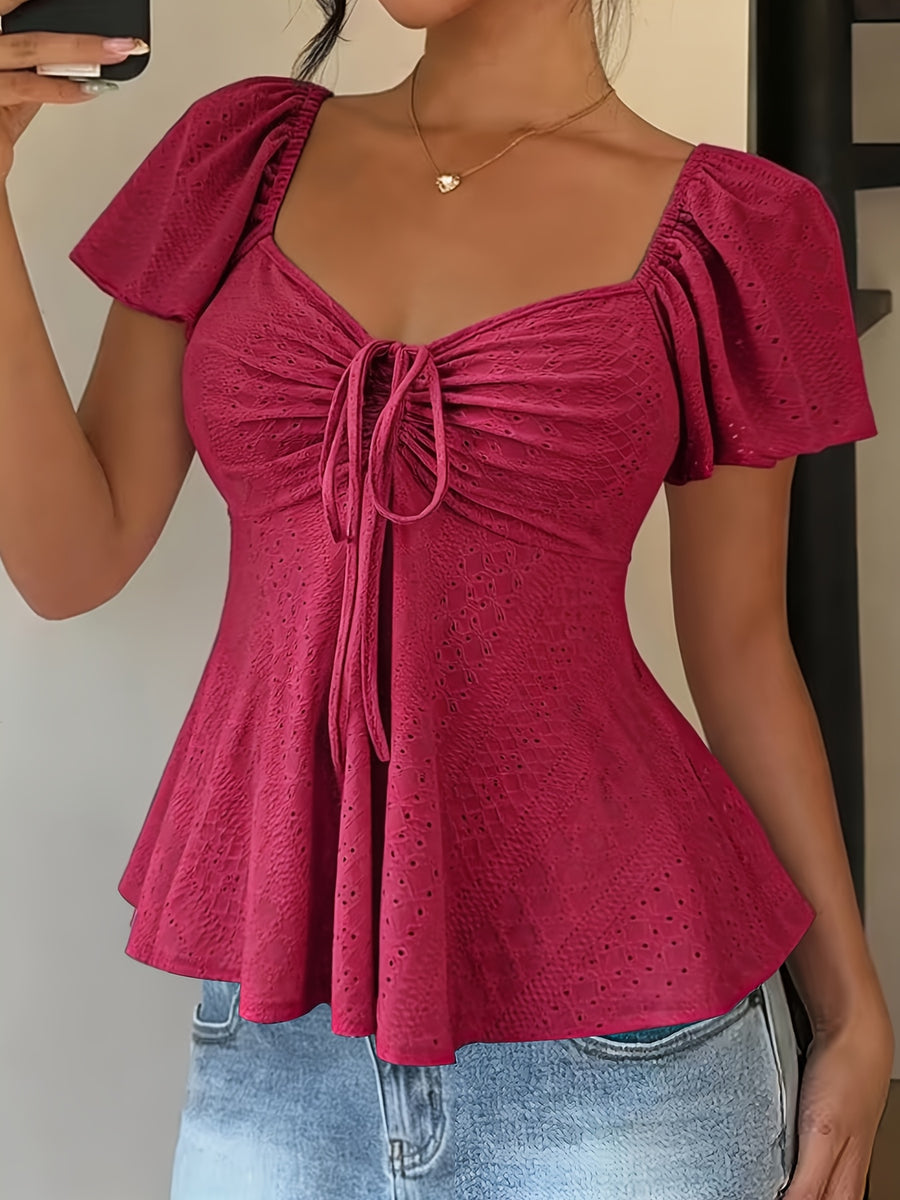 Fashionable and Elegant Spring/Summer New Arrival Y2K Solid Color Jacquard Comfortable and Breathable V-Neck Drawstring Short Sleeve Top Women's T-Shirt - Rose Red